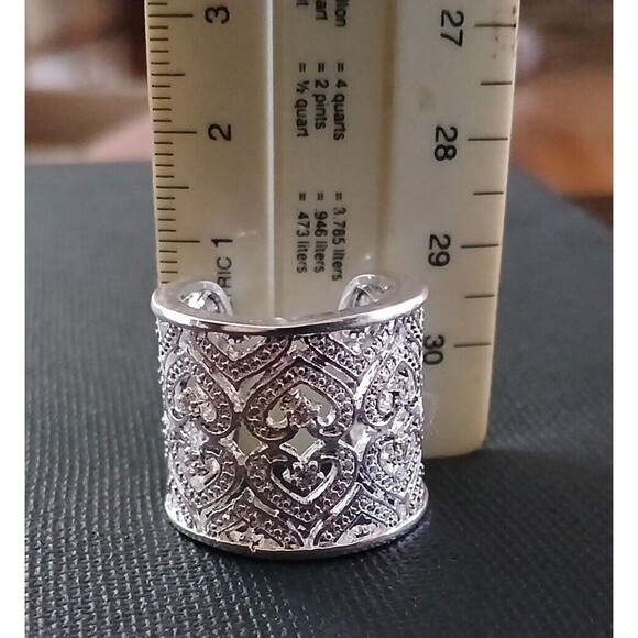 925 Sterling Silver Tall Cuff Style Cigar Band Heart Ring Open Filigree Boho - Picture 9 of 10